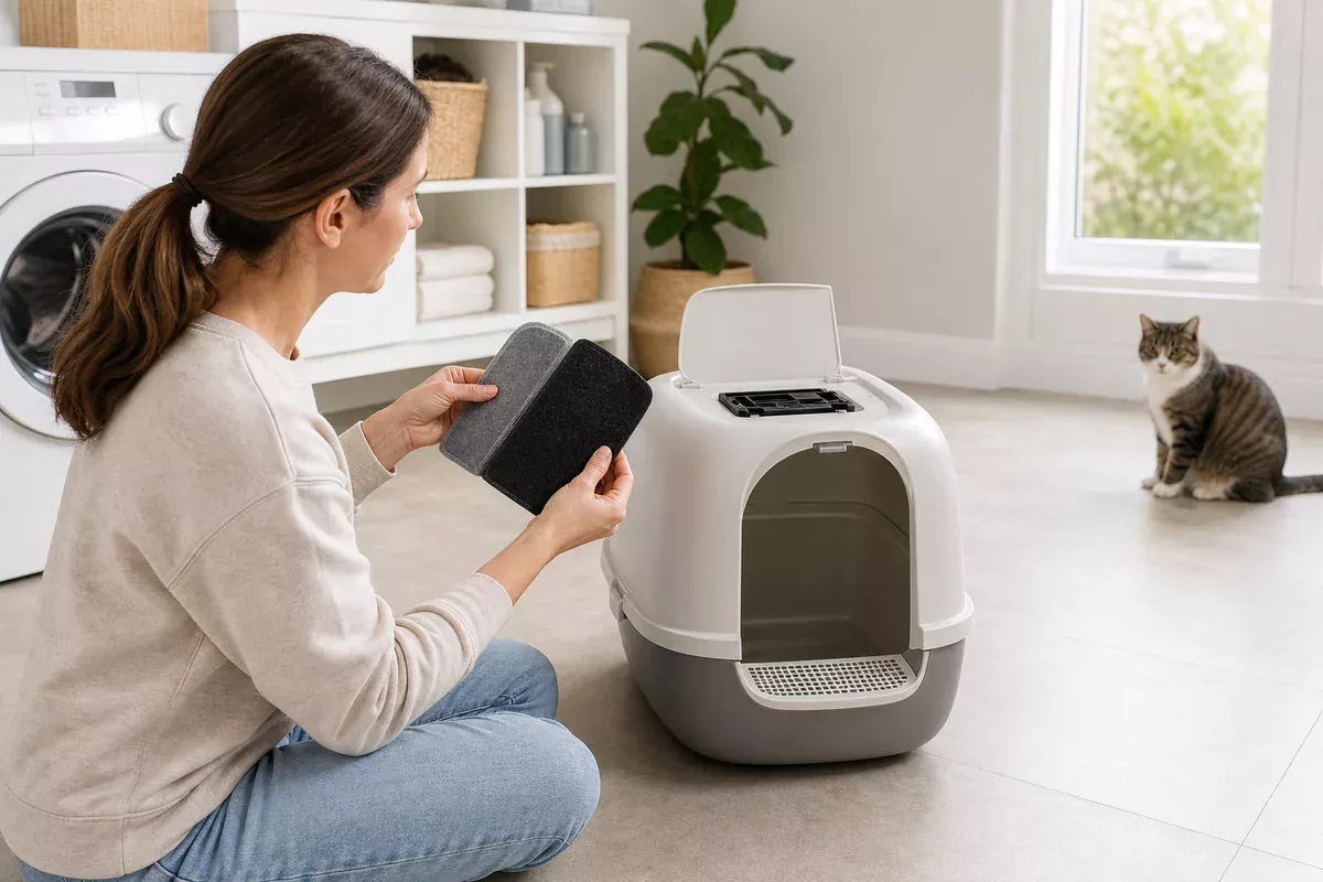 Owner comparing an old and new removable filter beside an empty covered cat litter box.