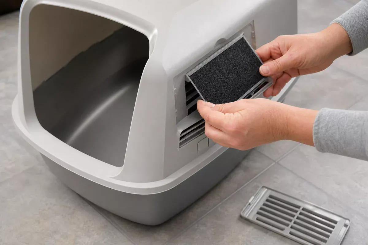 Hands aligning a clean carbon filter with the vent holder of a covered cat litter box.