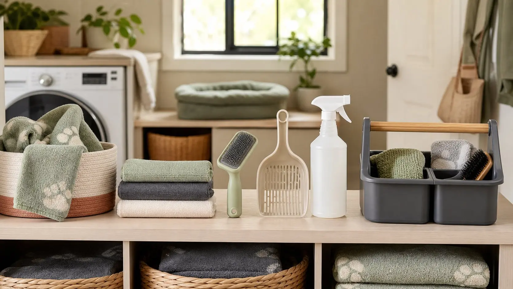 Organized cleaning supplies for pets grouped by fur, litter, paw, and surface-cleaning tasks