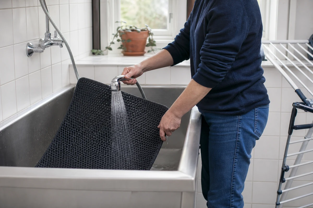 Adult rinsing a reusable perforated litter mat in a deep utility sink before drying it on a rack.