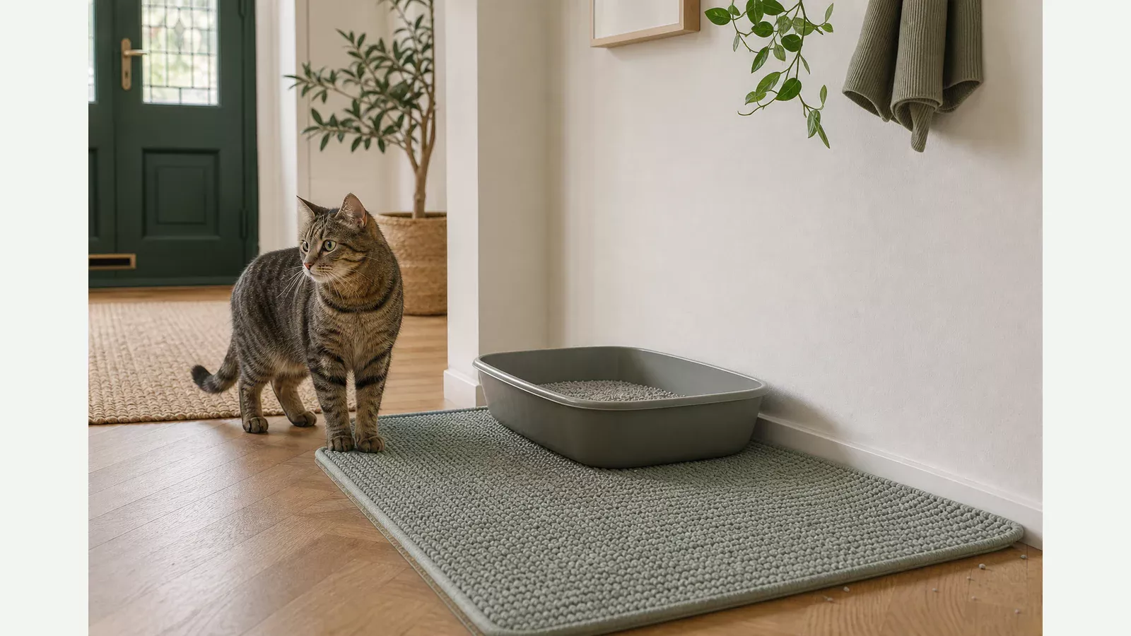 Adult tabby cat beside a low litter tray placed on a flat textured mat in a bright entry corner.