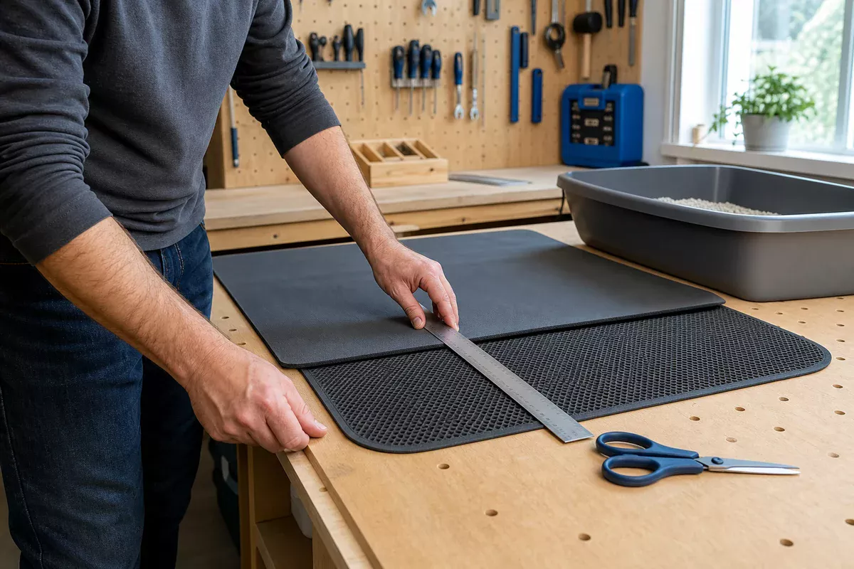 Adult measuring two plain mat layers on a workshop bench with a litter tray used as a size reference.