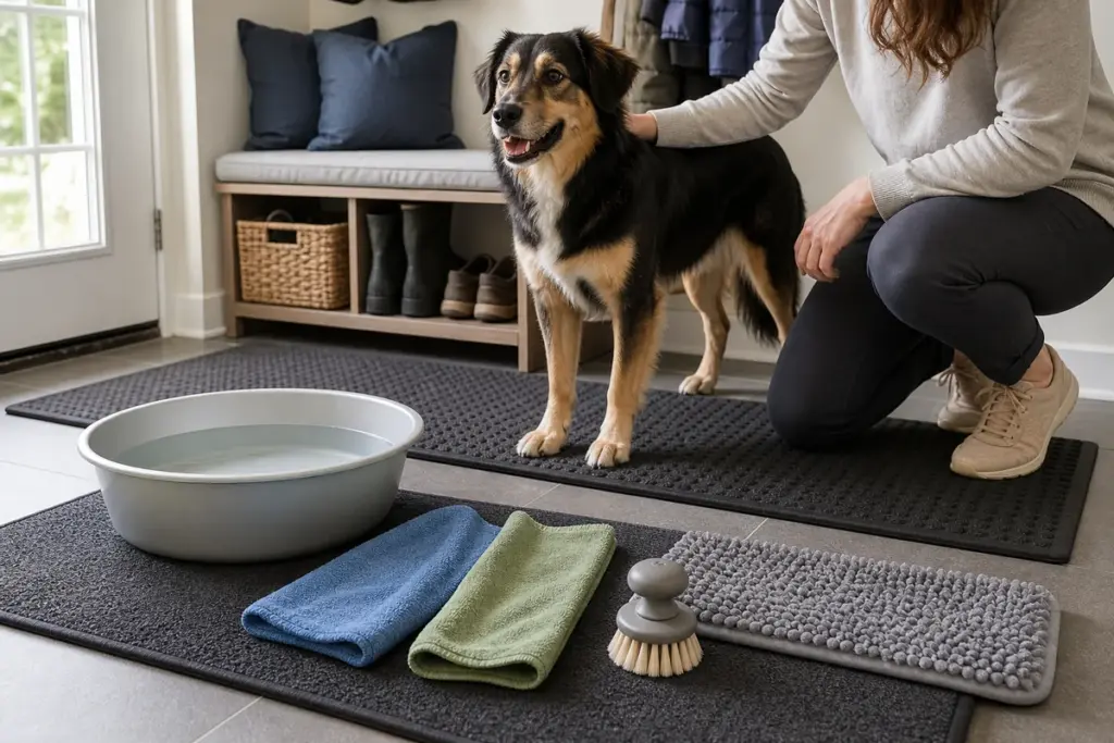 Simple dog paw cleaning station with a basin, towels, soft brush, and washable mats.