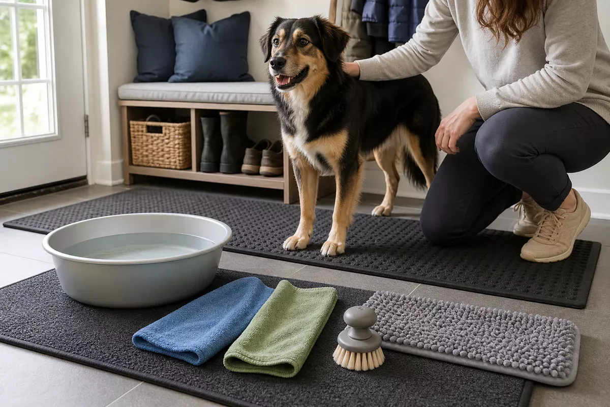 Simple dog paw cleaning station with a basin, towels, soft brush, and washable mats.