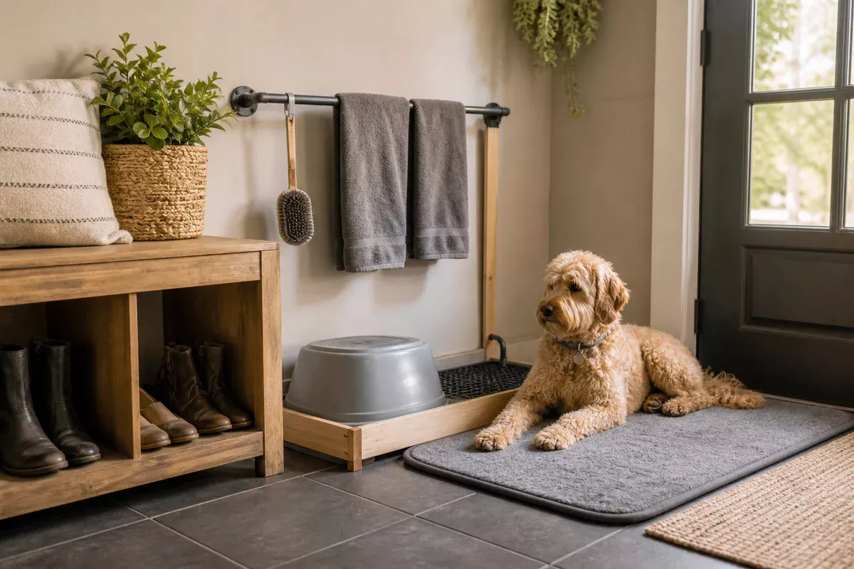 Clean towels, an inverted rinsed basin, and a brush drying beside a dog at the entryway.