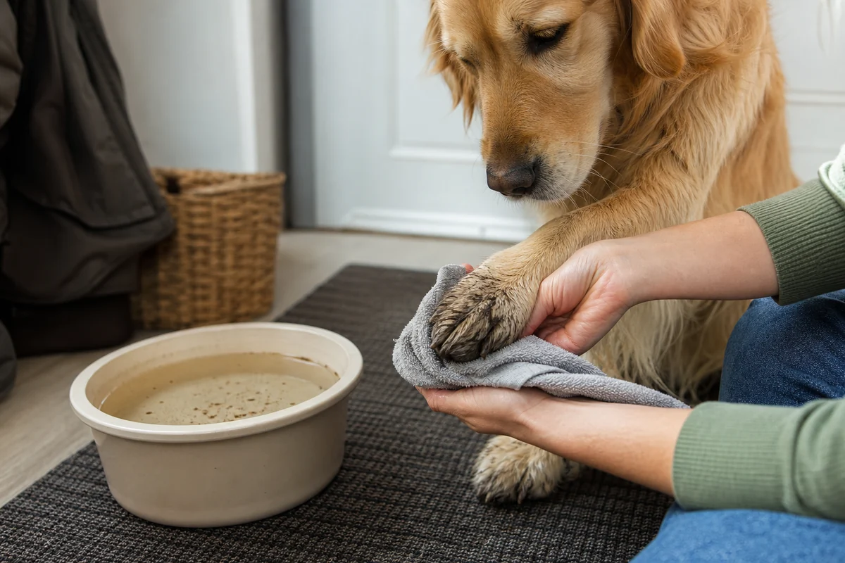 Owner gently wiping a muddy dog paw with a damp soft cloth at the entryway.