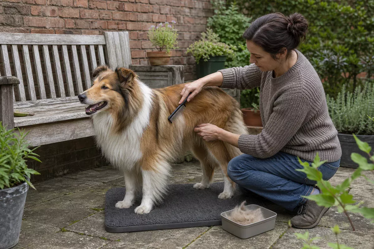 Owner combing a long-coated dog on a stable mat in a quiet garden terrace.