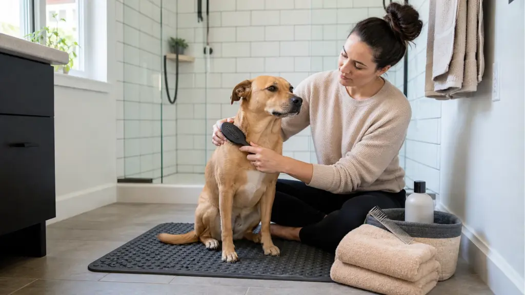 Owner brushing a short-coated dog on a non-slip mat beside a beginner grooming kit in a bright home bathroom.