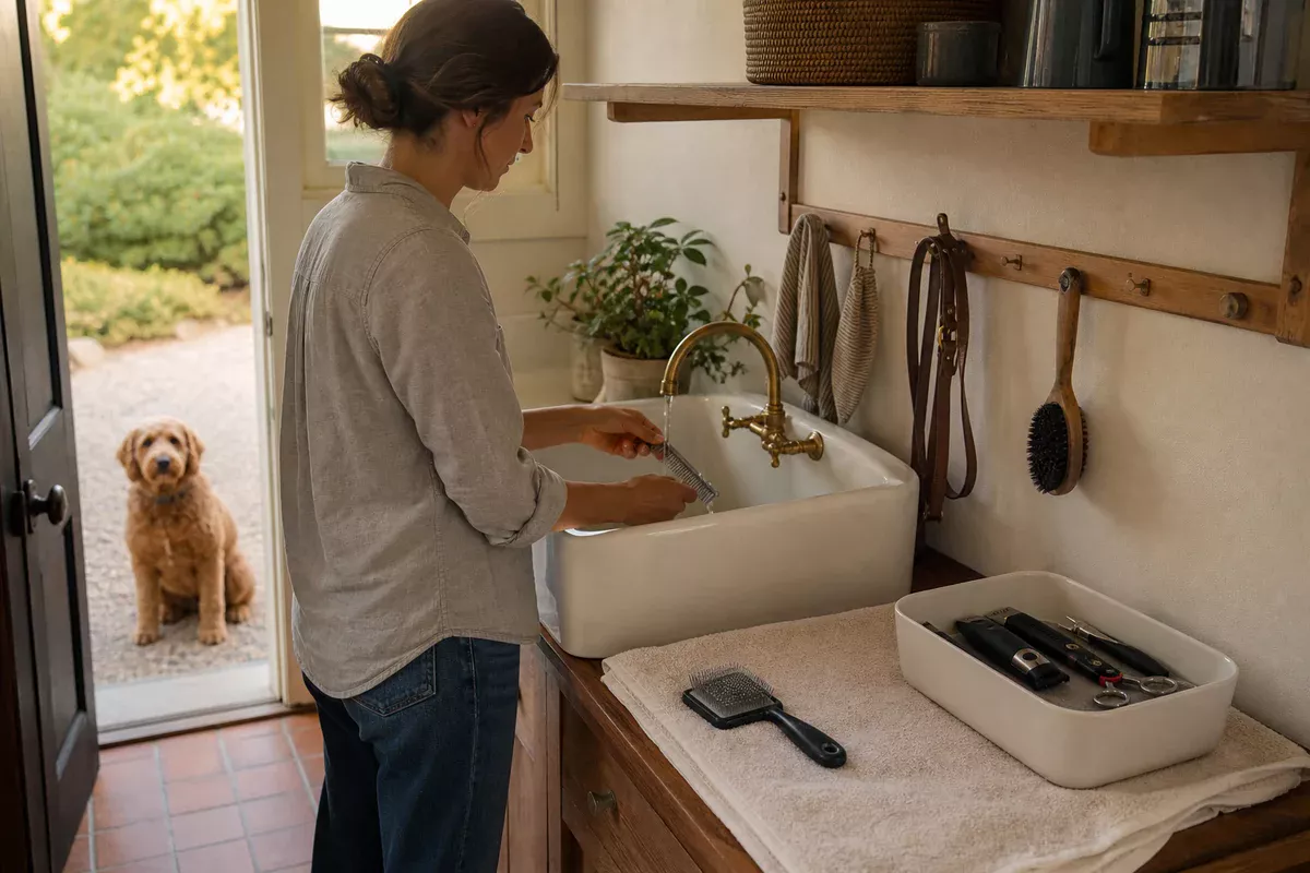 Owner rinsing a metal comb and drying grooming tools in a residential mudroom while the dog waits outside.
