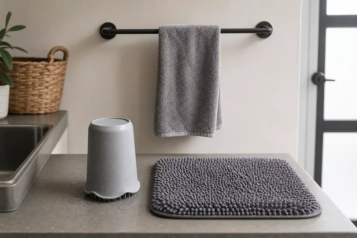 Unbranded paw-cleaning cup, towel, and mat drying in a utility room