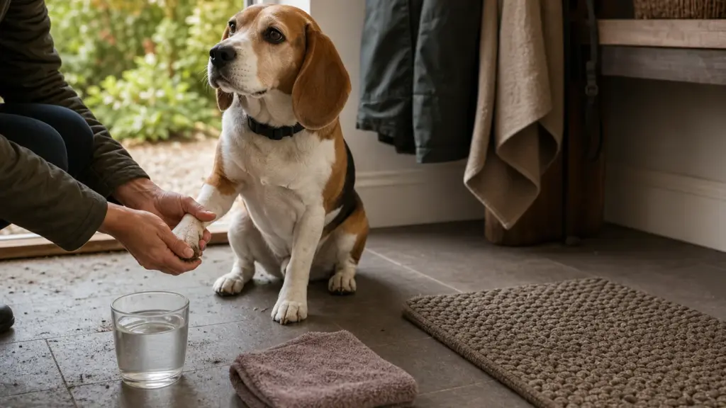 Beagle having a front paw checked beside a water glass, towel, and entry mat