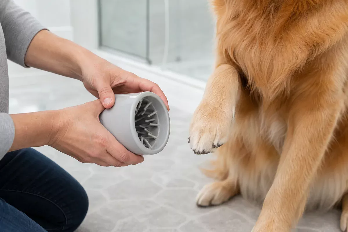 Person comparing an unbranded paw-cleaning cup opening with a golden retriever paw