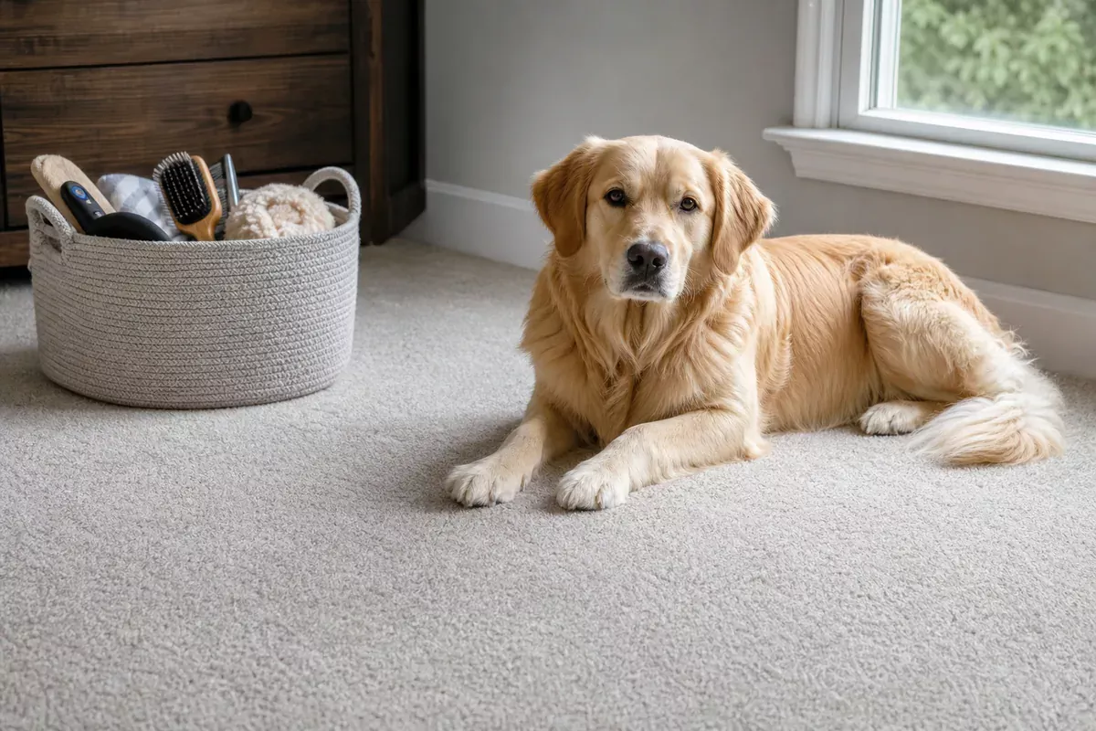 A clean carpeted pet corner with a dog and grooming tools stored in a basket.