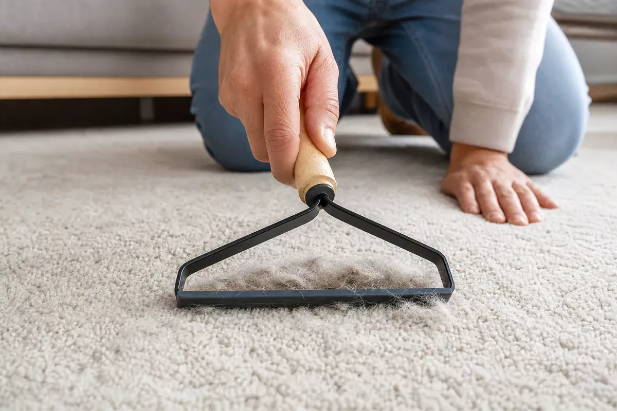 Close view of a reusable tool gathering embedded pet hair into a visible row on carpet.