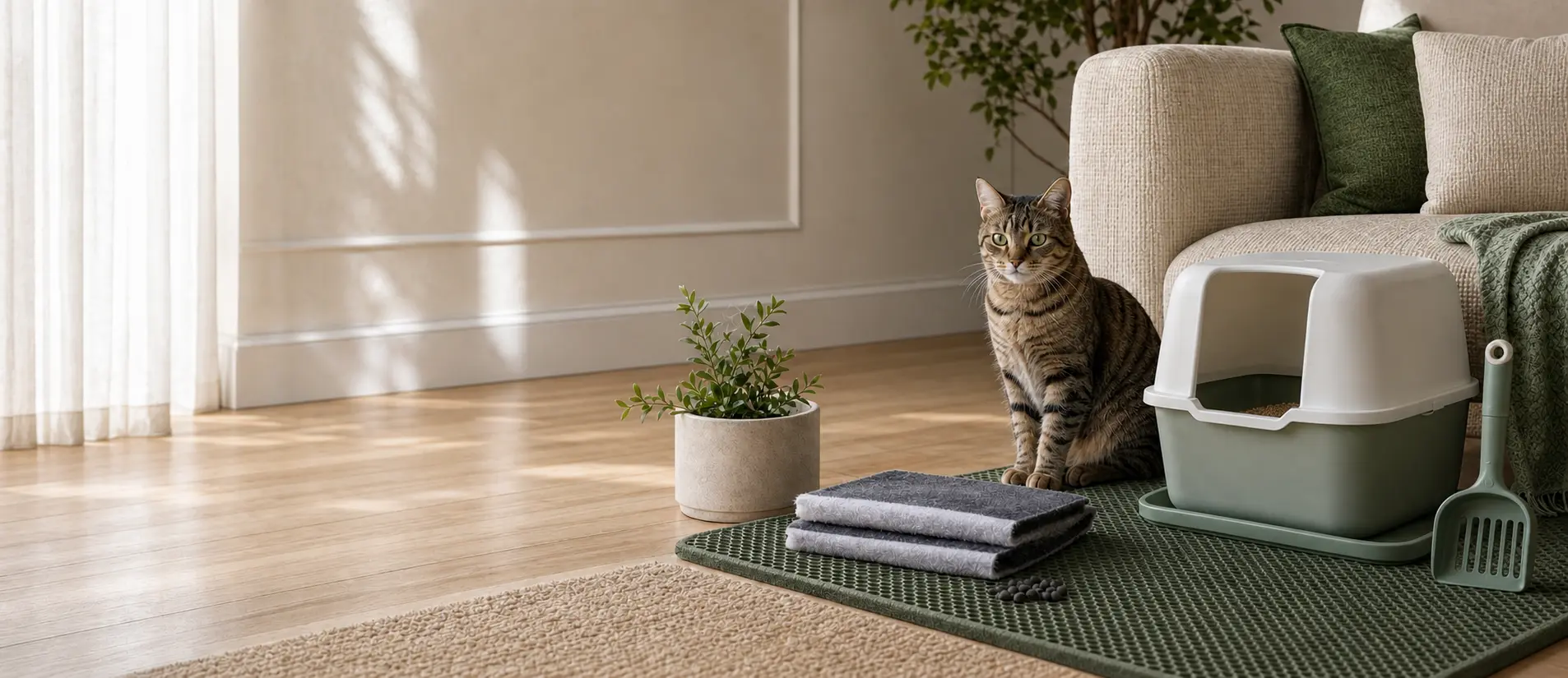 Cat beside a covered litter box and litter-care tools in a calm living room