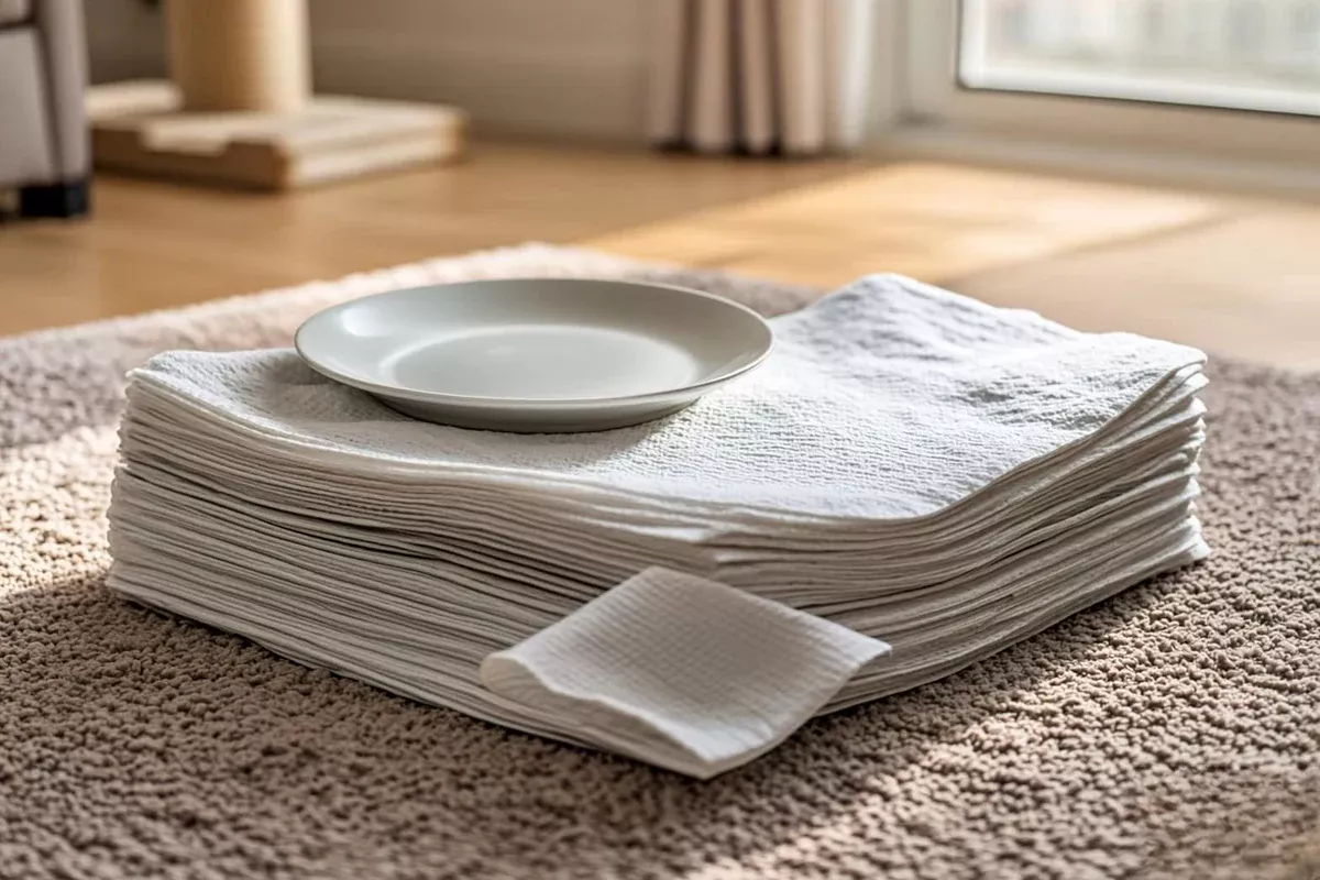 White towels held under a plate over a damp carpet area
