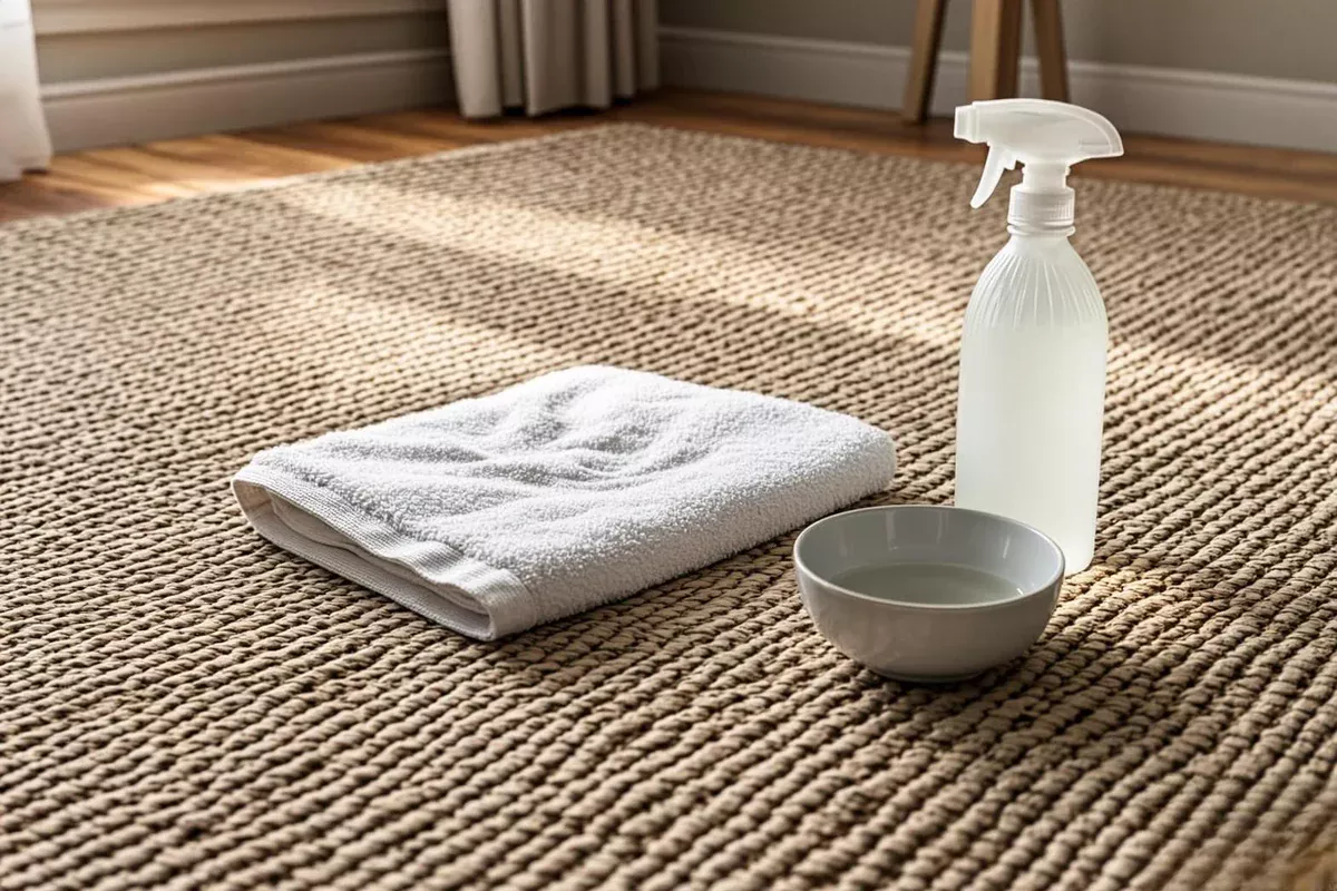 Cleaning supplies arranged on carpet for a spot-cleaning routine