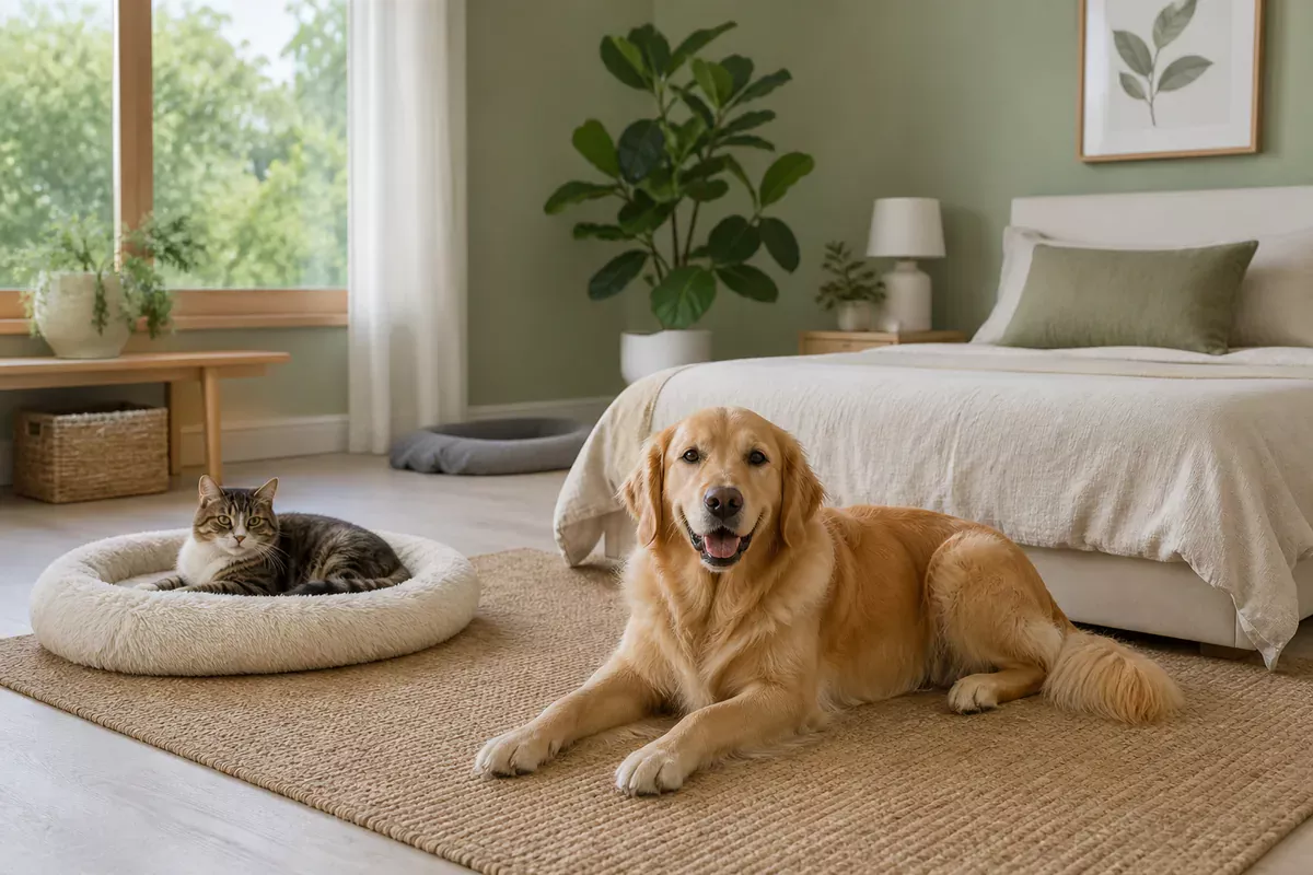 A clean ventilated bedroom with fresh pet bedding, a relaxed dog, and a cat.