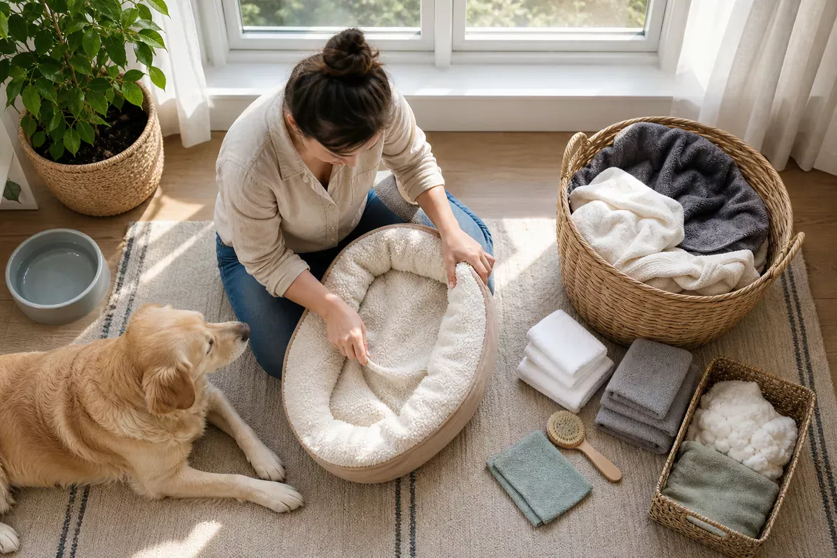 Top-down view of a pet bedding cleanup zone with towels, laundry basket, and open-window light.