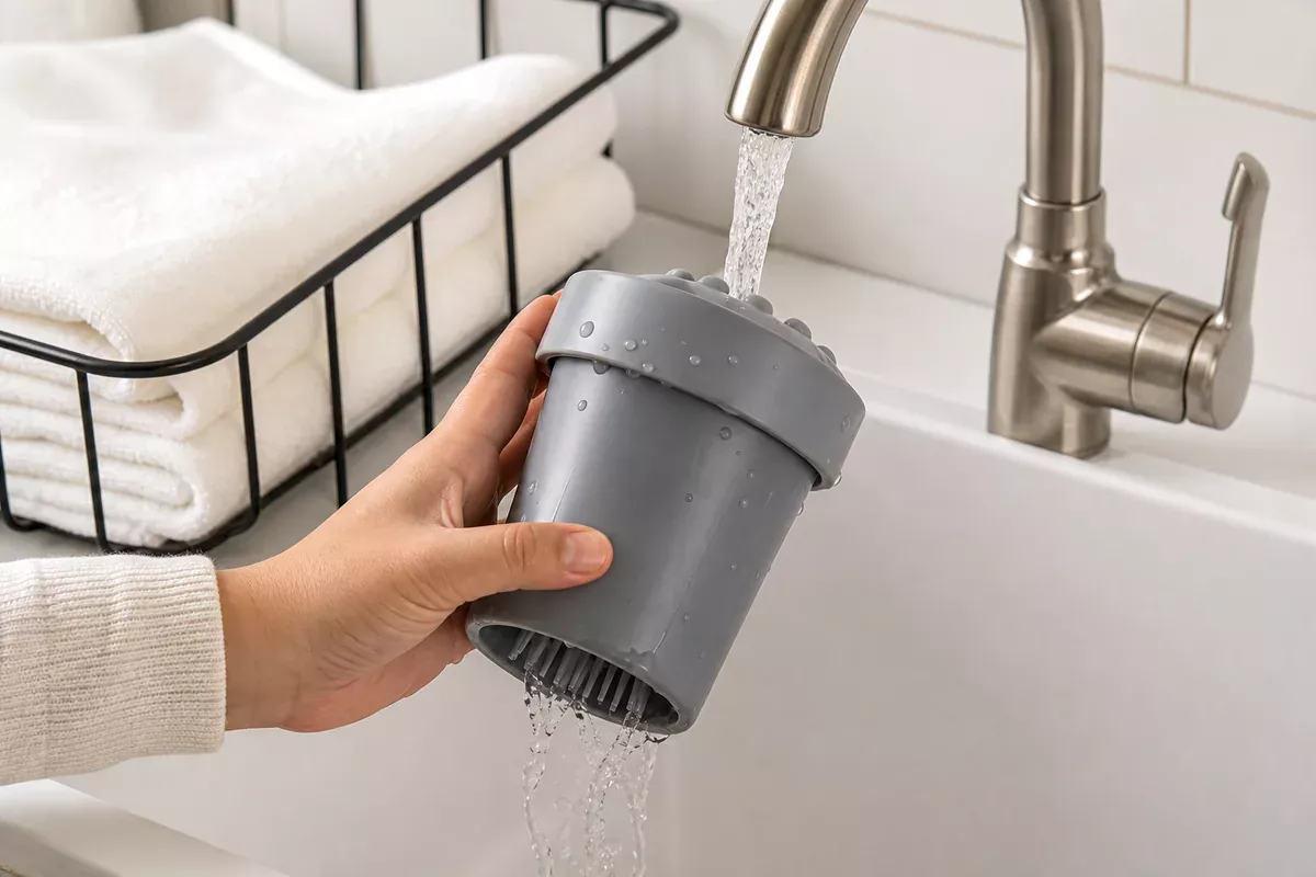 Unbranded paw-cleaning cup rinsed under a utility sink faucet