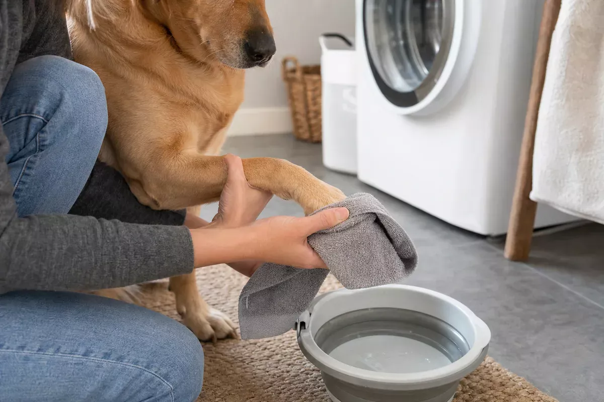 Person drying a golden retriever paw with a gray towel beside a water basin