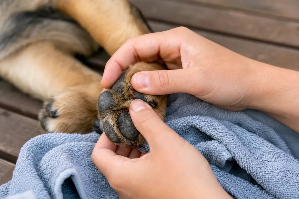 Hands gently inspect between a dog's paw pads over a clean absorbent towel.
