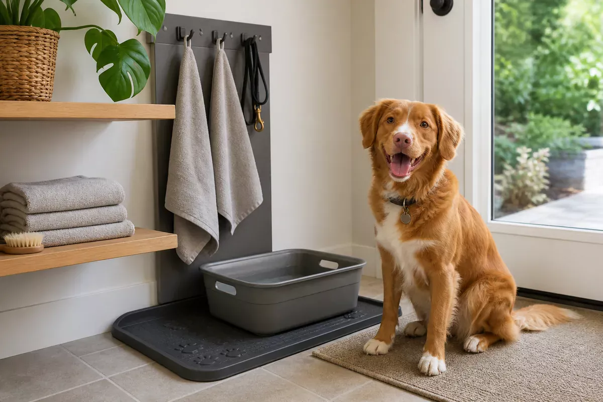 A simple dog paw cleaning station with towels, basin, washable mat, and a waiting dog.