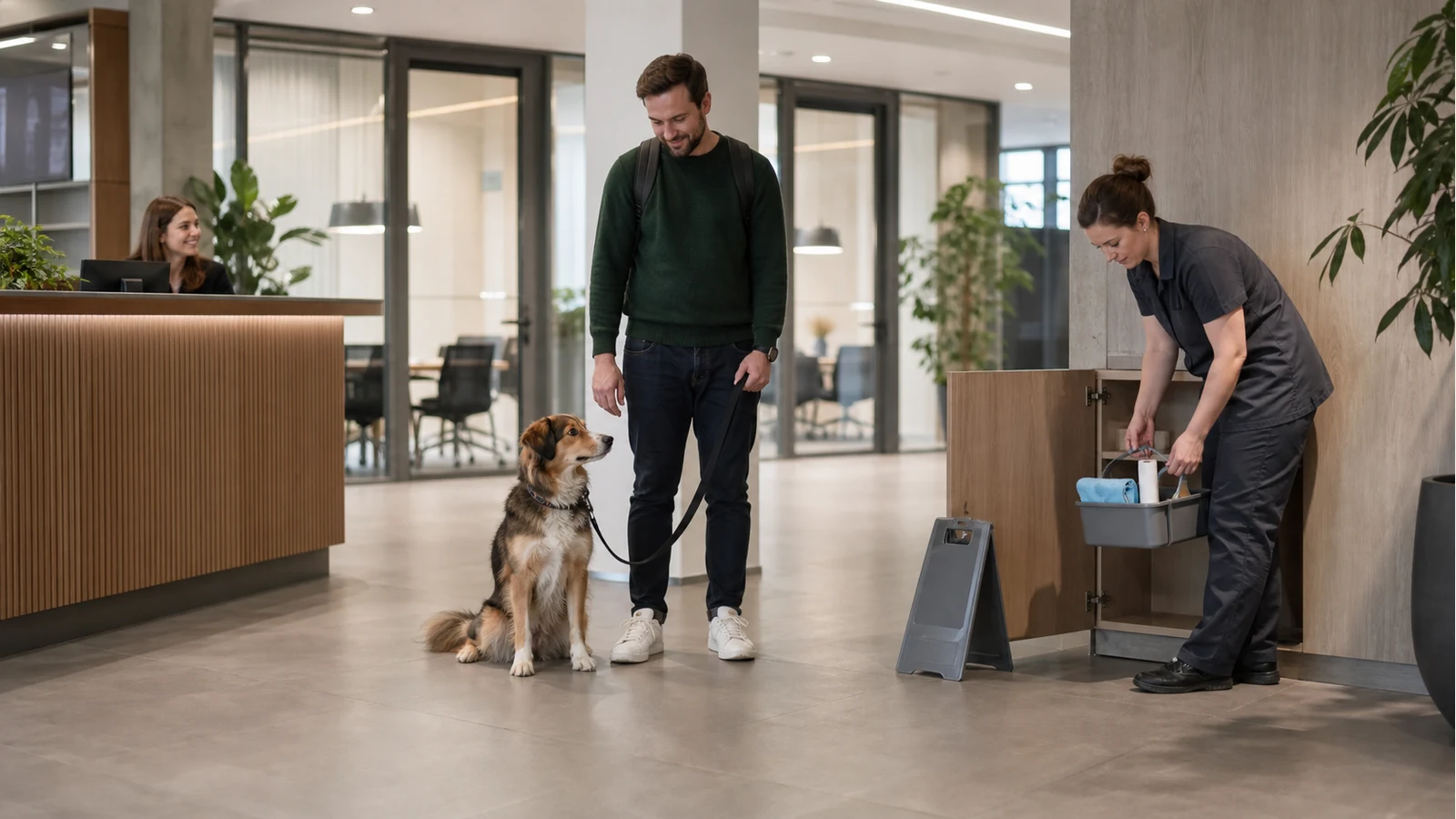 Facilities worker checking a pet cleaning kit beside a dog and owner in a modern company reception.