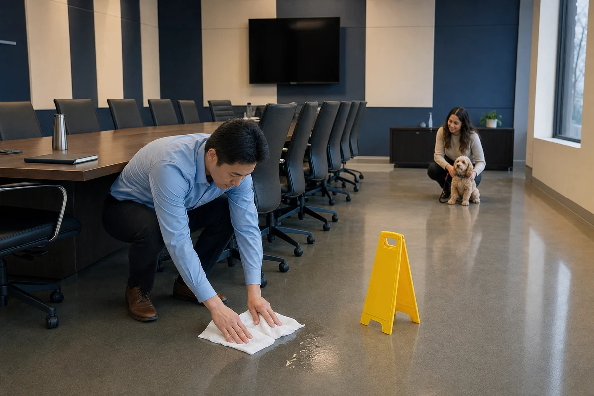 Employee blotting a small water spill in a corporate meeting room while a dog waits away from the area.