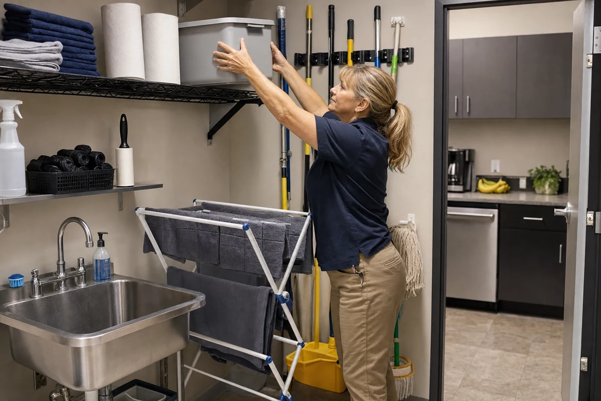 Office facilities coordinator drying cloths and storing a lidded pet cleaning caddy beside a staff kitchenette.
