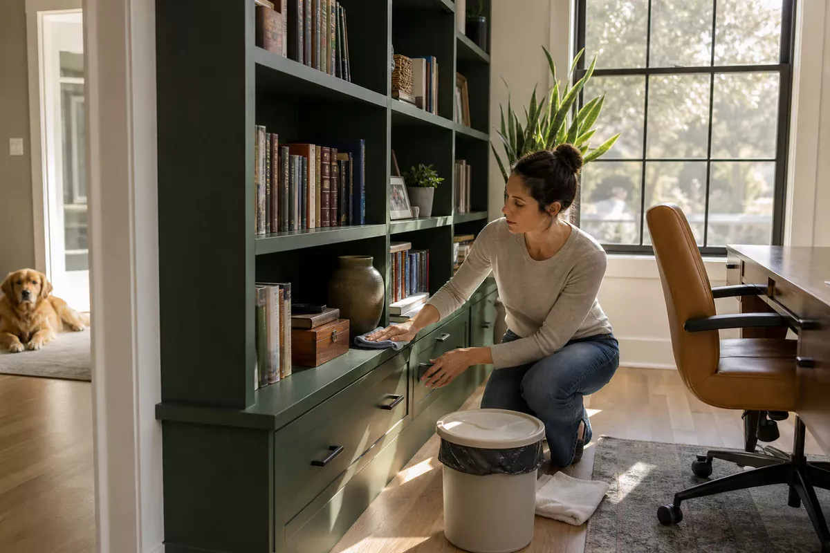 Adult wiping a low home-office shelf with a damp cloth while a dog rests outside the room.