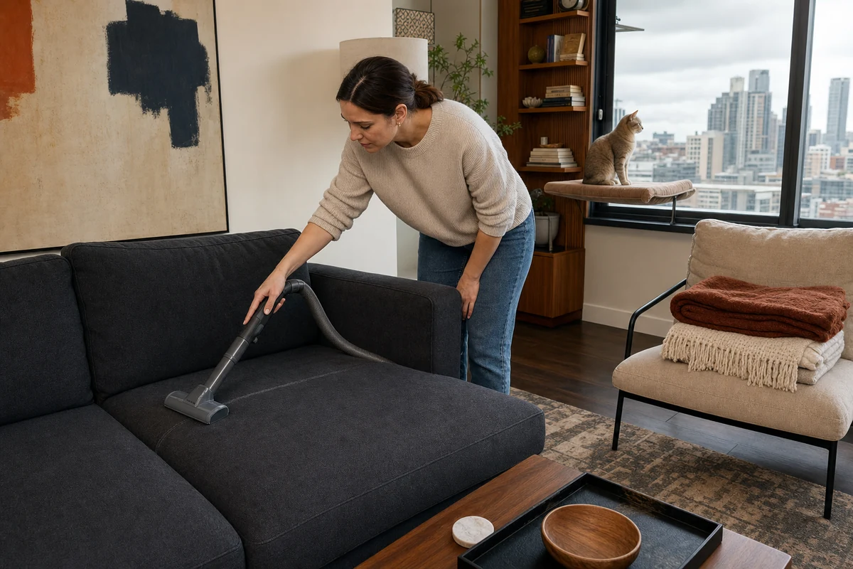 Pet owner vacuuming a charcoal fabric sofa with an upholstery attachment while a cat rests by the window.