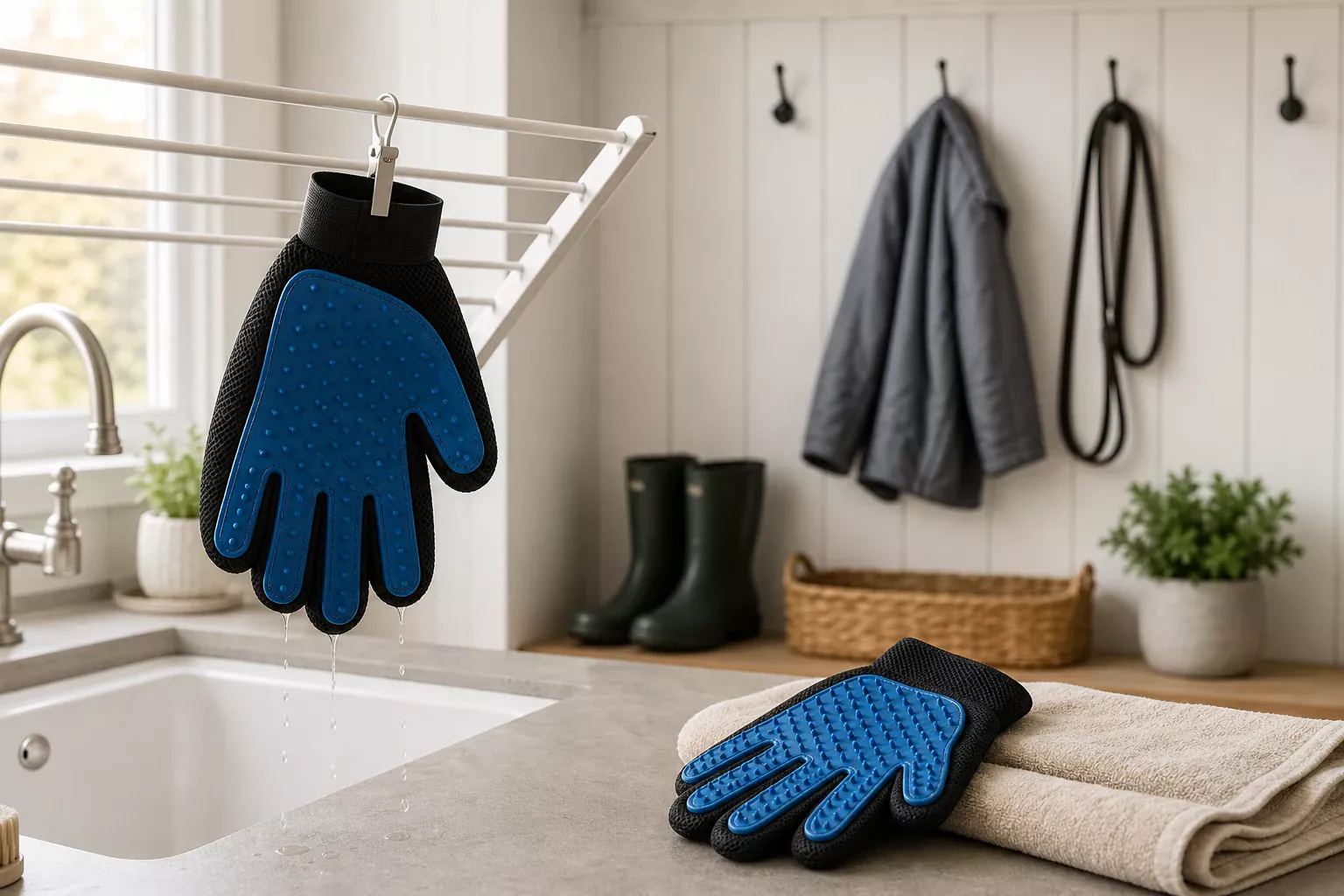 Rinsed pet hair remover gloves air-drying beside a mudroom utility sink