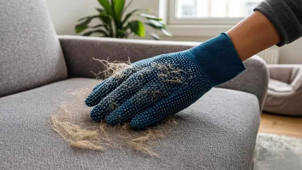 Hand wearing a pet hair remover glove removing golden fur from a gray fabric sofa cushion in a sunlit living room.