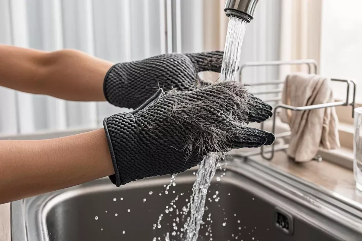 Rinsing a pet hair remover glove under a kitchen faucet, with clumps of wet fur on the textured palm.