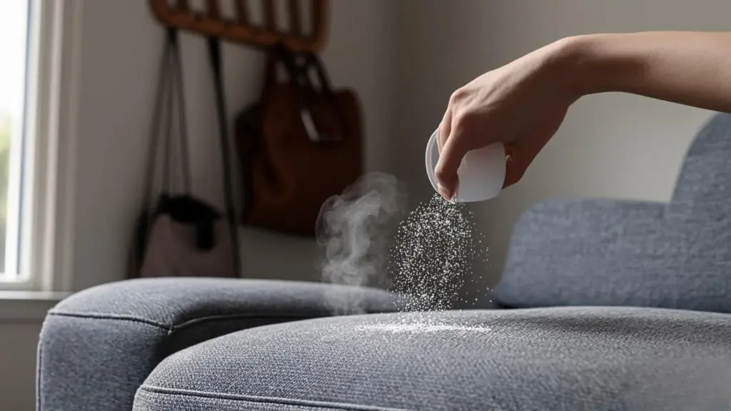 Hand applying a pet odor absorber powder onto a fabric couch cushion with a damp spot, in a naturally lit living room with