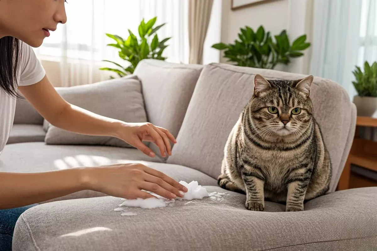 Person cleaning a fabric sofa beside a seated cat
