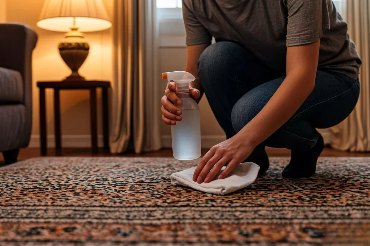 Person testing a cleaning method on a patterned household rug