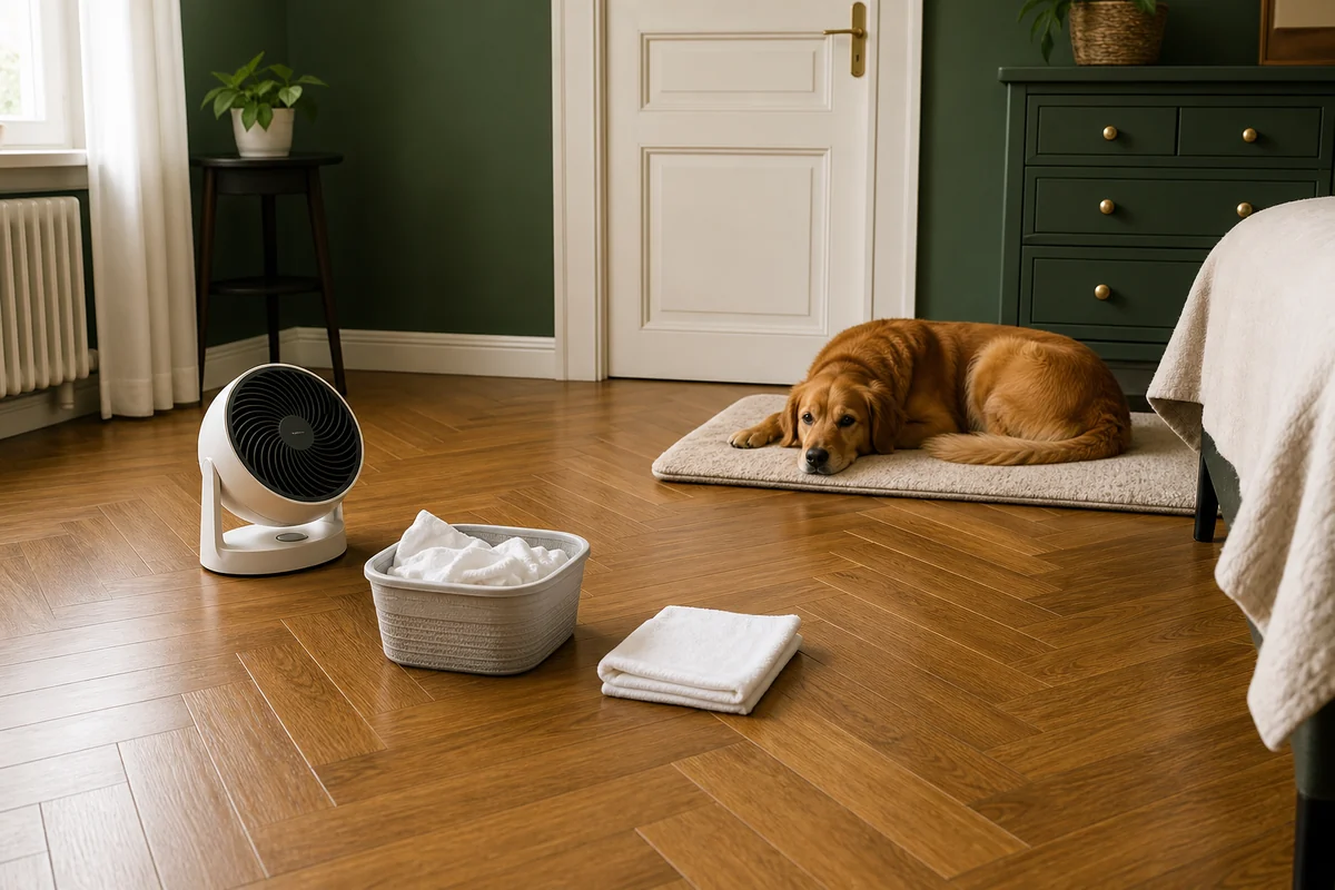 Clean dry hardwood floor with used cloths separated and a room fan supporting airflow.