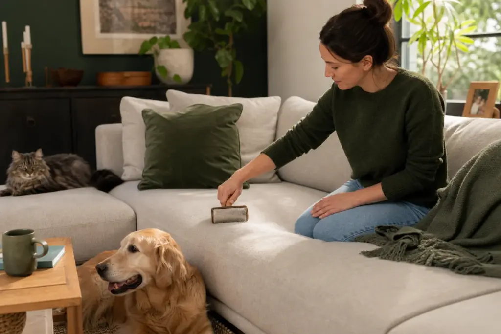 Pet owner using a reusable upholstery brush to remove pet hair from a light fabric sofa.