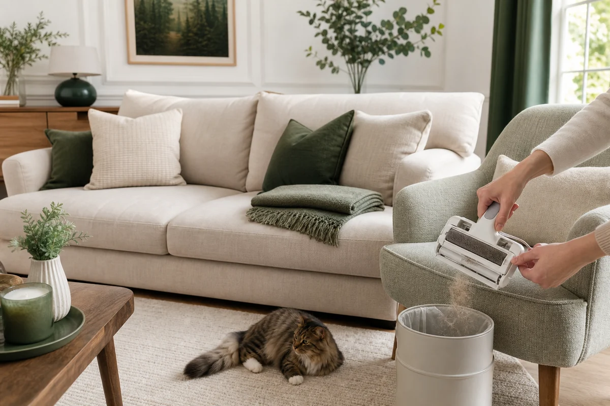 Clean sofa and armchair after pet hair removal with a reusable brush emptied into a bin.