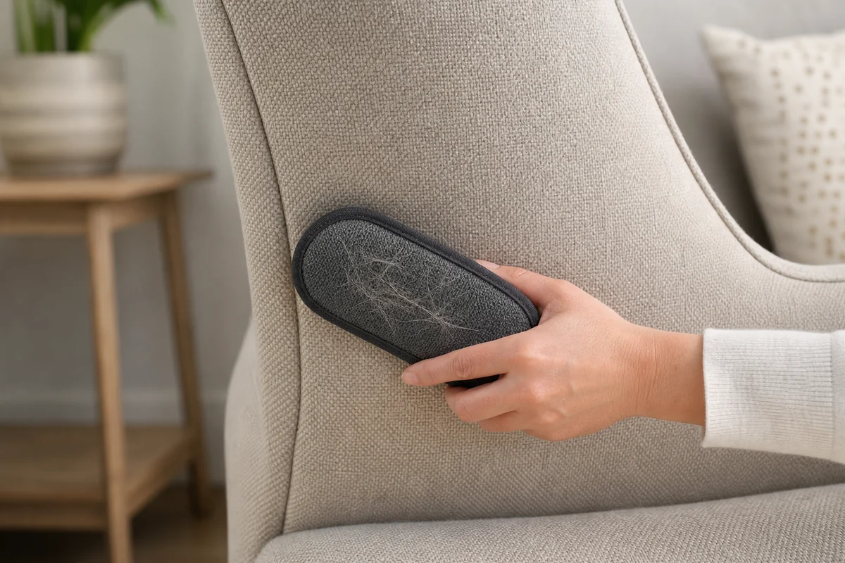 Hand testing a fabric hair brush on an inconspicuous corner of an upholstered chair.