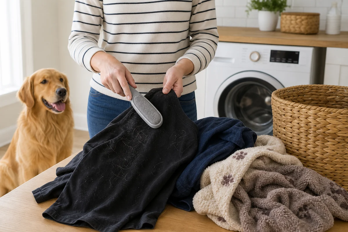 Pet owner lifting loose hair from a dark shirt before washing pet blankets.