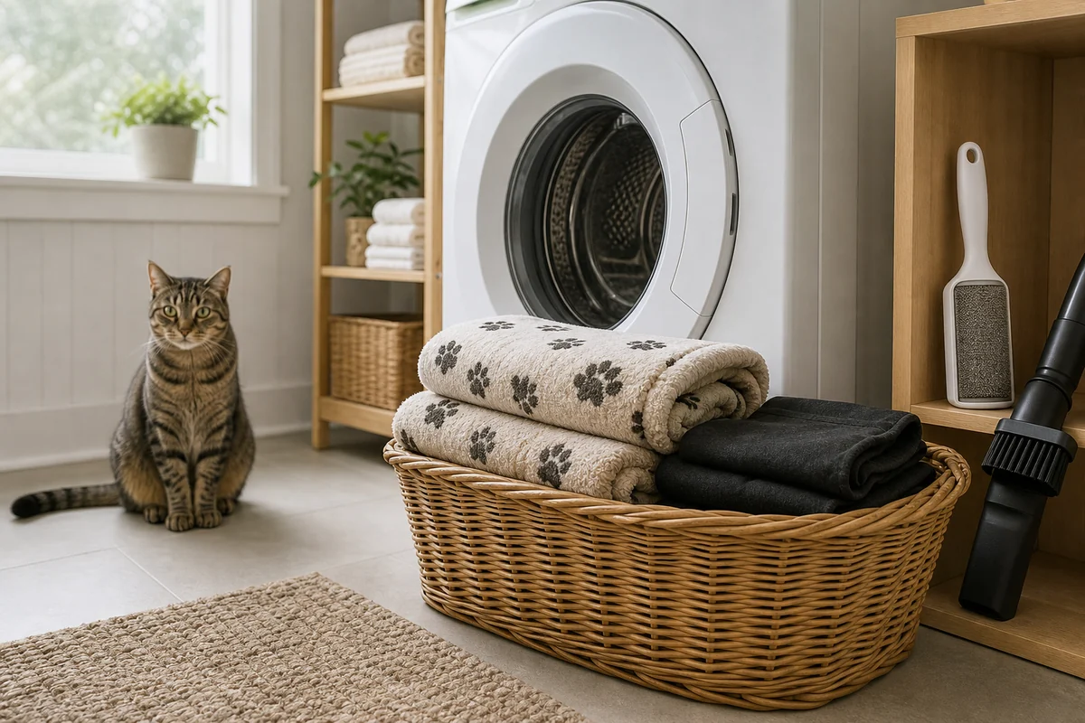 Folded pet blankets and clothing organized beside a washing machine after laundering.