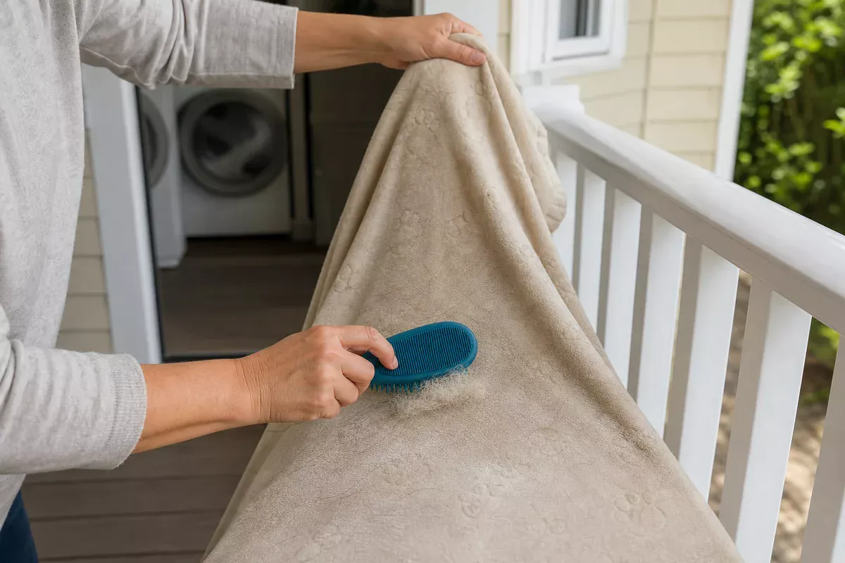 Reusable rubber brush gathering pet hair from a washable blanket before laundry.