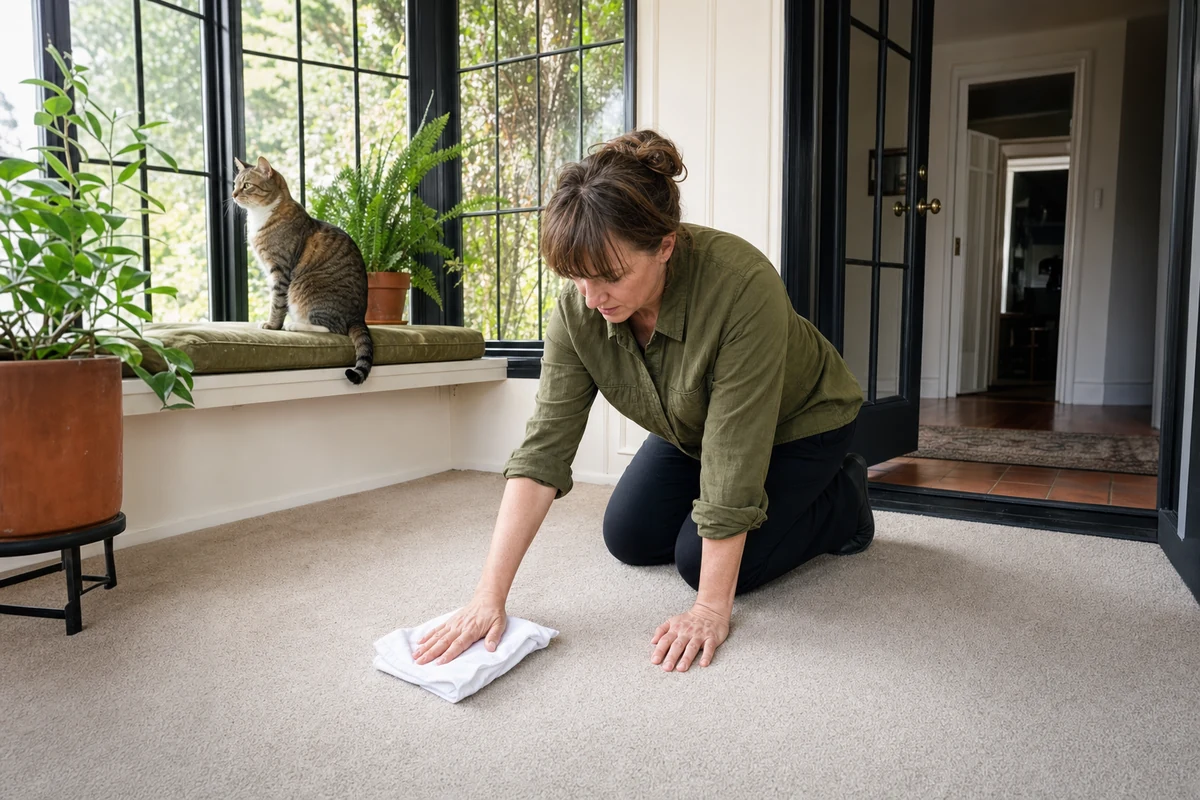 Adult pressing a clean white cloth onto dry carpet in a sunroom while a cat stays on a raised bench.