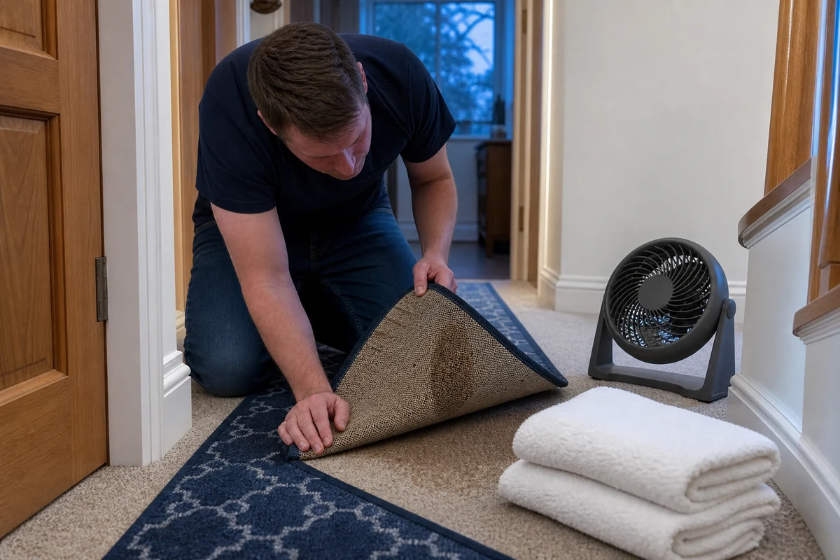 Adult inspecting the underside of a removable hallway runner with clean towels and a room fan nearby.