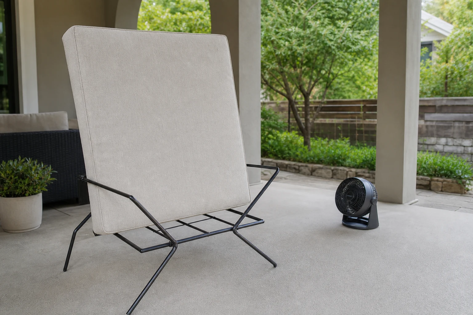 Removable upholstery cushion drying upright with airflow on a covered patio