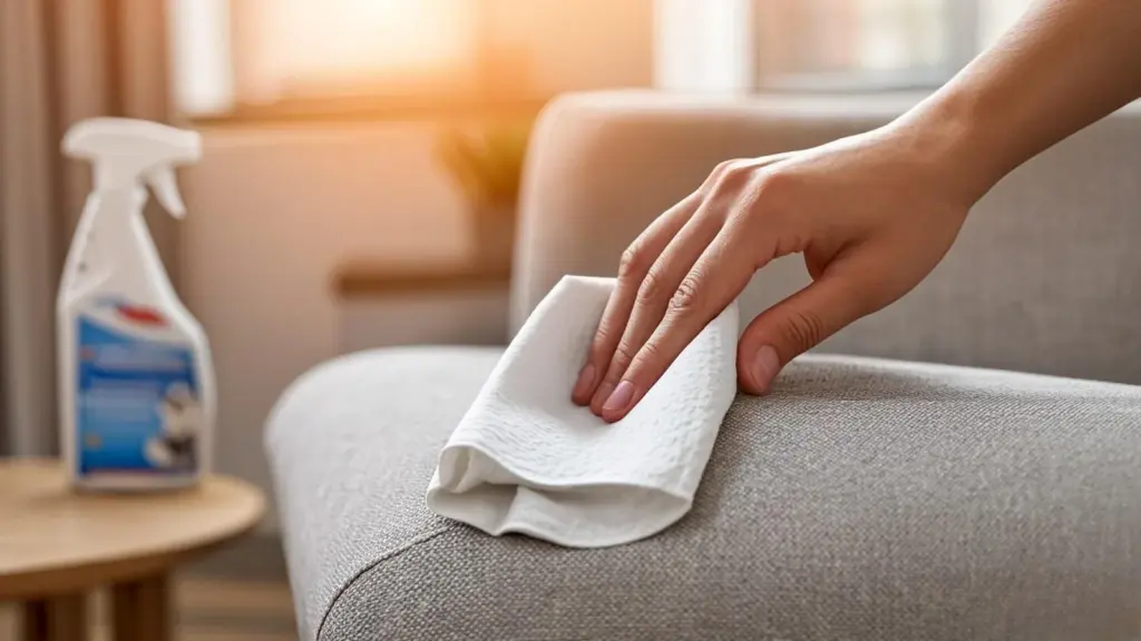 Hand blotting a pet urine stain on a fabric couch cushion with a white cloth beside a pet stain odor remover bottle.