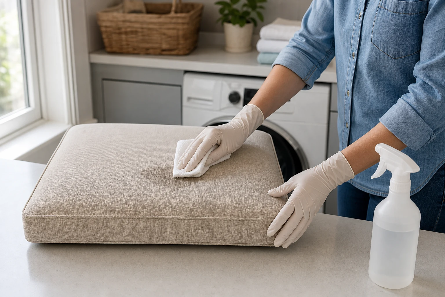 Gloved hands blotting a removable couch cushion on a laundry room counter